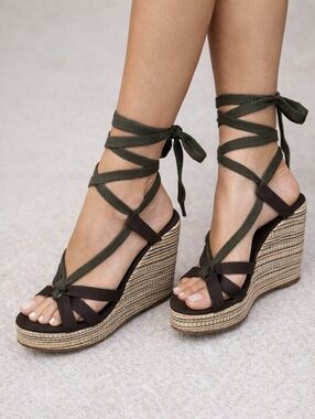 Colin Stuart Tie-Up Espadrille Wedge Sandals Brown Size 6 Boho Summer